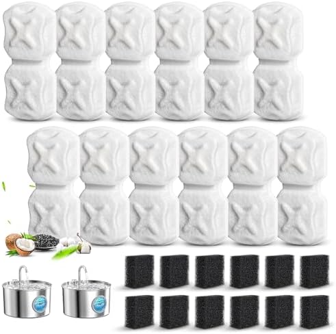 Cat Water Fountain Filter Replacement,24 Pack Pet Fountain Filters - 12 Filters & 12 Sponges 74oz/2.2L Stainless Steel Pet Fountain Cat Water Dispenser by DrFlito