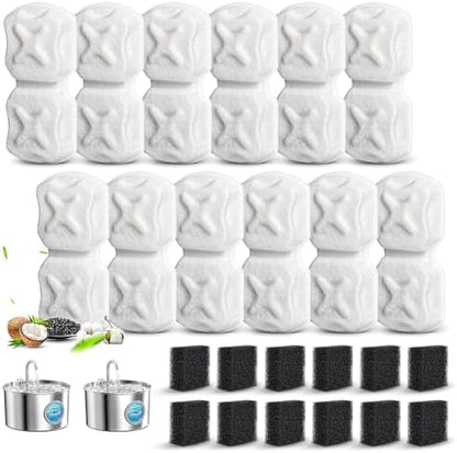 Cat Water Fountain Filter Replacement,24 Pack Pet Fountain Filters - 12 Filters & 12 Sponges 74oz/2.2L Stainless Steel Pet Fountain Cat Water Dispenser by DrFlito