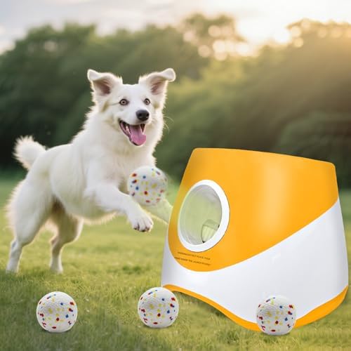 Automatic Dog Ball Launcher for Small to Medium Dogs, 2.2 Inch ETPU Dog Ball Thrower, 3 Distance Adjustable 19-39 Ft Interactive Dog Toy, Mental Stimulating Puppy Toy with 4 ETPU Balls (Orange) by Unknown