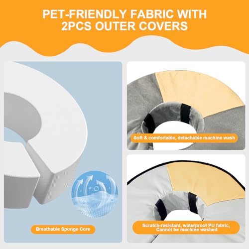 Sponge Core Dog Cat Cone Collar for After Surgery Recovery, Inflatable Dog Cone Alternative, Lainergie Dogs Donut Collar Adjustable with 2PCS Cover for Large Medium Small Dogs Cats (Grey+Yellow, S) - Image 6