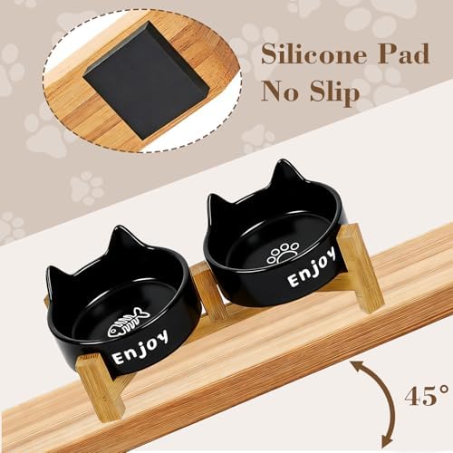 Ceramic Dog and Cat Bowl Set with Wooden Stand Elevated Non-Slip Weighted Anti-Spill Matte Finish for Cats Kittens Small Dogs-Black Cat Ear-6.76 OZ - Image 2