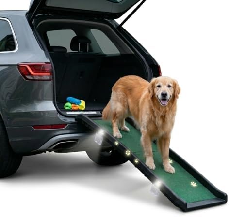Dog Ramp for Car & SUV with Poly Grass Non-Slip Surface – Lightweight & Foldable Pet Ramp for Dogs, Includes 4 Towels & 2 LED Lights, Safe for Cars, Trucks, Beds, Couches & Stairs by Unknown