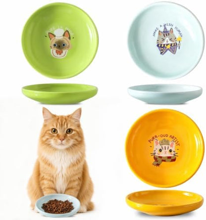 3 PCS Ceramic Cat Bowls, 5.5 in Pet Bowl Cat Dishes for Food and Water, Small Dog Dish(YellowGreenBlue) by Howise