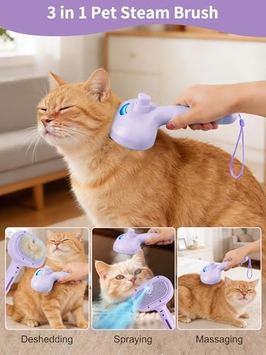Dog Cat Steam Brush with UV Light,3 in 1 Release Button Self-Cleaning Grooming Brush for Pets Cats Dogs,Hair Massaging Shedding for Small Animals Long Short Haired - Purple - Image 5