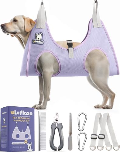Loflaze Dog Grooming Hammock Harness for Dogs & Cats with Pet Nail Clipper Trimmer - Cat Hanger Sling for Trimming Clipping Nails- Dog Hammock Restraint Bag for Small Medium Large pet （ Purple XL） by Loflaze