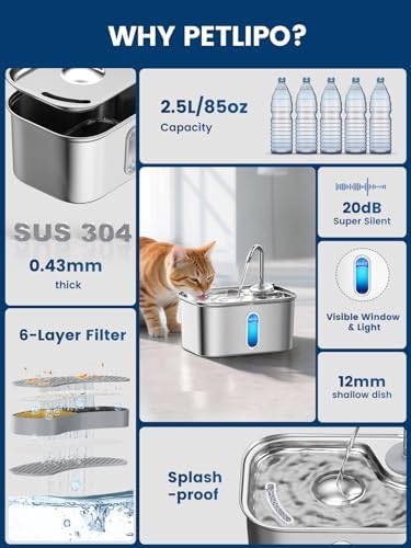 Cat Water Fountain Stainless Steel for Cats Indoor 2.5L 85oz by BPA-Free SUS304, Effective 6-Layer Filter Cat Fountain for Drinking 20dB Ultra Quiet Metal Pet Water Fountain (Fountain+1 Filter) - Image 2