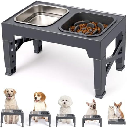 Niubya Elevated Dog Bowls, with Slow Feeder Bowl and Stainless Steel Dog Food Bowl, Raised Dog Bowls Adjusts to 5 Heights (3.15", 8.66", 9.84",11.02", 12.2") for Small Medium and Large Dogs by Niubya