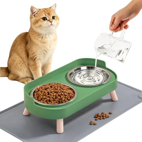 LoeJan Elevated Cat Bowls Set - Raised Cat Food and Water Bowl Set with Non Slip Stand - Pet Feeding Station with 3 Stainless Steel Bowls with Splash Proof Guard by LoeJan