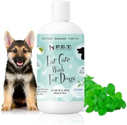 P.E.T. Ear Care Wash for Dogs & Cats — 0% Alcohol & Fragrance-Free Formula — Loosens Wax, Removes Debris, Neutralizes Odor & Soothes with Aloe & Oat — No-Rinse, Vet-Style Application — 16 oz by PETPureEfficientTreatment