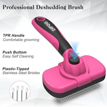 Dipoo Self-Cleaning Pet Grooming Brush - Skin-Friendly Deshedding Tool for Dogs & Cats in Pink, Removes Loose Hair and Tangles - Image 2