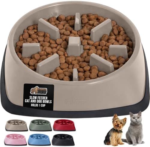 GORILLA GRIP® Patented Slow Feeder Dog and Cat Bowl, BPA Free, 1 Cup Beige by GorillaGrip