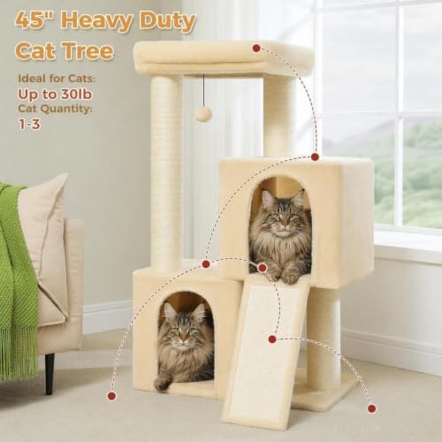 PAWZ Road Large Cat Tree, 45" Heavy Duty Cat Tower with Dual Condos, Beige - Image 7