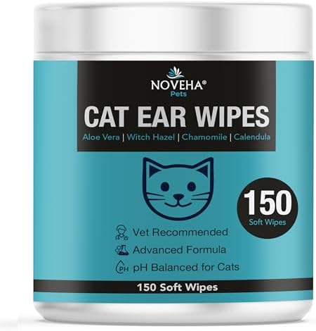 NOVEHA 150 PCs Cat Ear Wipes that Gently Clean & Soothe Sensitive Cat Ears; Soft Ear Cleaner for Removing Wax, Dirt & Odor; Alcohol-Free Ear Care with pH Balanced Formula; Unscented Grooming Care by NOVEHA