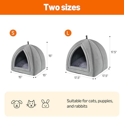 Amazon Basics Cat Cave Bed, 2-in-1 Foldable House for Indoor Cats, with Washable Cushion and Non-Slip Base, 15 x 15 Inches, Small, LightGray - Image 4
