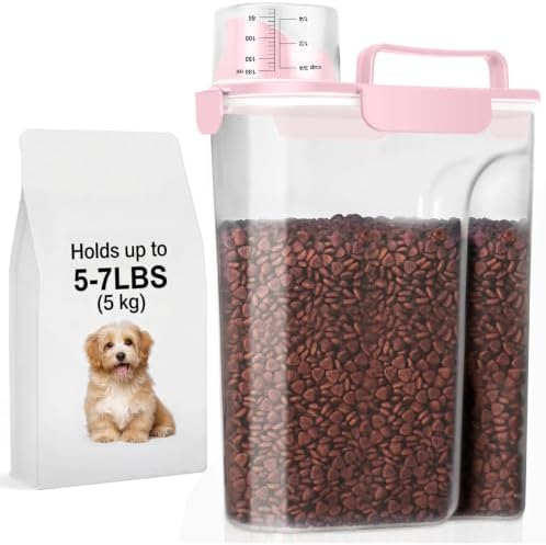 LEAWALK 5-7Lbs/6Qt Dog Cat Storage Container Portable with Upgraded Large Spout and Cup, Plastic Pet Food Dispenser for Small Animal Kibble, Bird Seed, Oatmeal, Rice, Flour, Brown Sugart- Light Pink by LEAWALK