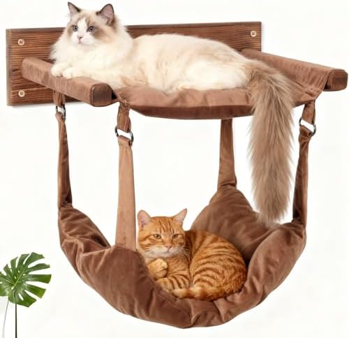 JSPYFITS Wooden Cat Furniture Wall Mounted, Double Layer Hammock, Large Size 18.9″ Removable Multi-Function Cat Bed for Sleep/Play/Climb, Kitten Window Perch, Easy DIY Installation(Brown) by JSPYFITS