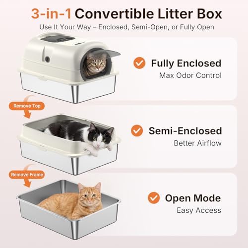 OROLEY XXXL Stainless Steel Cat Litter Box with Lid, Extra Large Enclosed Metal Litter Box for Big Cats, High Sides Prevent Leaks & Odors, Non-Stick Easy Clean, Includes Scoop & Step - Image 5