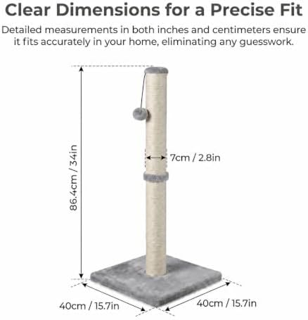 Dimaka 34" Tall Cat Scratching Post for Large Cats and Kittens, High Vertical Scratcher with Premium Natural Sisal Rope and Interactive Hanging Ball for Indoor Cat(Grey, 34 inches for Large Cats) - Image 2