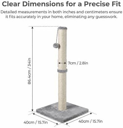 Dimaka 34" Tall Cat Scratching Post for Large Cats and Kittens, High Vertical Scratcher with Premium Natural Sisal Rope and Interactive Hanging Ball for Indoor Cat(Grey, 34 inches for Large Cats) - Image 2