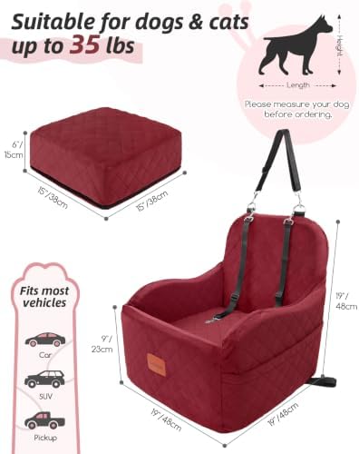 Lealchum Dog Car Seat for Small/Medium Dogs,6in Elevated Cushion,Fits in Front/Back Seat,Fully Detachable and Washable,2 Storage Pockets,Easy to Install (Red, Medium) - Image 2