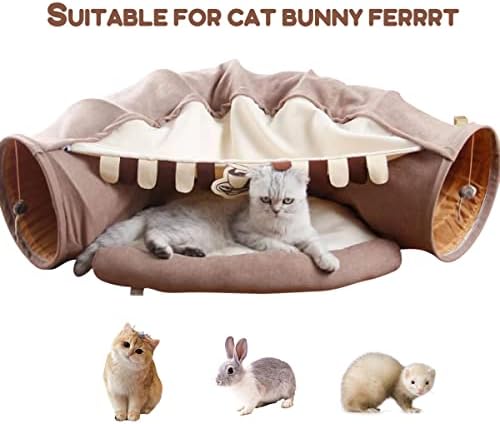 EAEDMY Cat Rabbit Tunnel Bed Nest for Cats Indoor, with Collapsible Washable Soft Cushion, Plush Ball and Exercise Wheel Tube, Fit for Puppy Bunny Kitty Kitten Ferret(2.Coffee) - Image 5