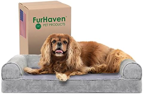 Furhaven Cooling Gel Dog Bed for Medium/Small Dogs w/ Removable Bolsters & Washable Cover, For Dogs Up to 35 lbs - Faux Fur & Velvet Sofa - Smoke Gray, Medium by FurHaven