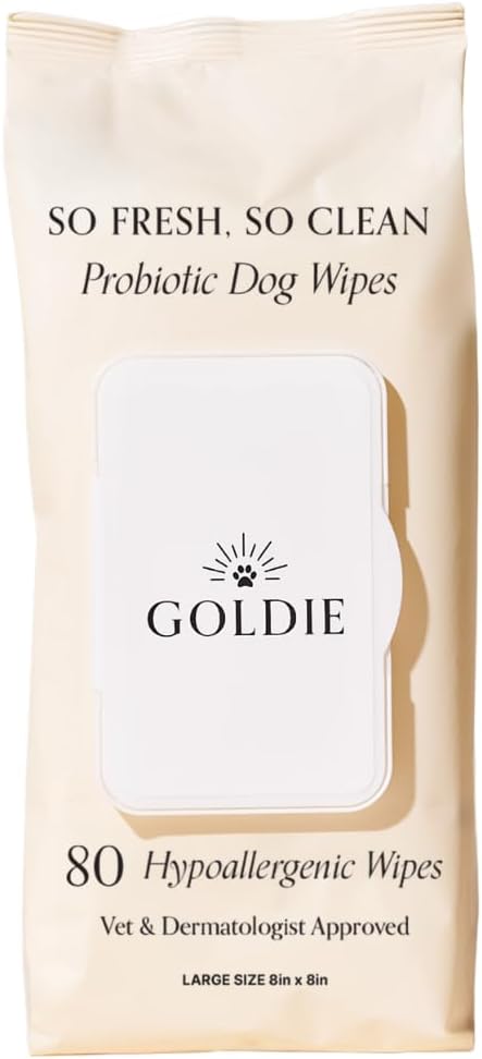 Goldie Dog Essentials Probiotic & Colloidal Oatmeal Dog Wipes for Paws, Skin Folds, Body & Bottom, Hypoallergenic, Fragrance-Free & Unscented, Plant-Based Dog Wipes, 80 Count