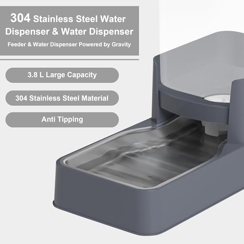 Stainless Steel Cat Feeder and Water Dispenser,Gravity Waterer & Food Feeder Set with Stainless Steel,Large Capacity Pet Food Bowl for Small Medium Dog Pets Puppy Kitten(Grey,1 Gallon) - Image 3