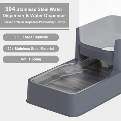 Stainless Steel Cat Feeder and Water Dispenser,Gravity Waterer & Food Feeder Set with Stainless Steel,Large Capacity Pet Food Bowl for Small Medium Dog Pets Puppy Kitten(Grey,1 Gallon) - Image 3