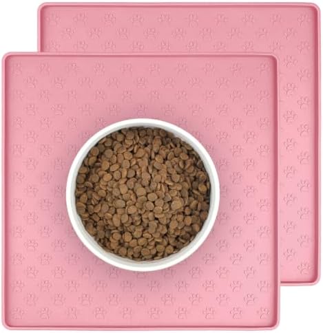 2 Pack Pet Placemat for Dog and Cat, Waterproof Non-Slip Silicone Feeding Bowl Mat Prevent Food and Water Overflow, Puppy Dish Feeder Fountain Trays Suitable for Medium and Small Pets, Pink by PTLOM