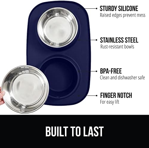 GORILLA GRIP Dog Bowl Set with Feeding Mat, 304 Stainless Steel, 2 Cup Navy - Image 2
