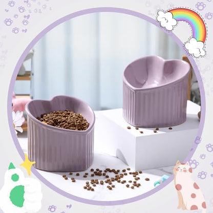 Mumufy 2 Pcs Ceramic Elevated Cat Bowls Tilted Elevated Raised Pet Bowls Anti Vomit Cat Dish for Indoor Stress Free Water Dish Feeder for Puppies, Heart Shaped (Purple) - Image 4