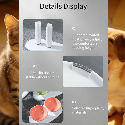 Elevated Cat Bowls, Raised Cat Dishes for Food and Water, Pet Food Bowls for Cats and Puppies, 3-Level Height Adjustable, 350 ml/12 oz per Bowl (Pink) - Image 7