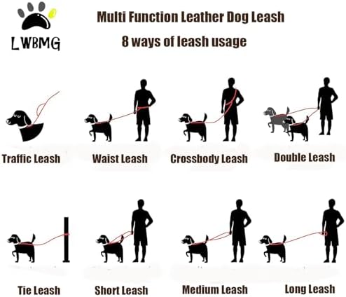 LWBMG Leather Dog Leash 8ft, Multi Function 6 in 1 Leather Leashes for Dogs, Hands Free, Crossbody, Adjustable Waist Belt, Double Ended Training Leash for Medium Large Dogs Black - Image 2
