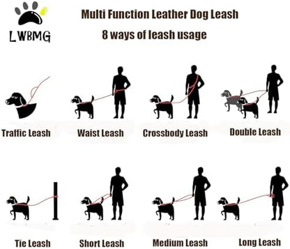 LWBMG Multi Function Leather Dog Leash - 8ft Genuine Leather Hands Free Double Ended Dog Training Leash for Small Medium Dogs - Brown - Image 2