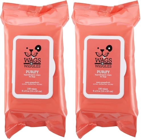 Wags & Wiggles Purify Hypoallergenic Dog Wipes for Sensitive Skin, Paw and Body Grooming Wipes with Gentle Plant Based Formula for Everyday Cleaning, Zesty Grapefruit Scent, 100 Count (Pack of 2) by Wags+%26+Wiggles