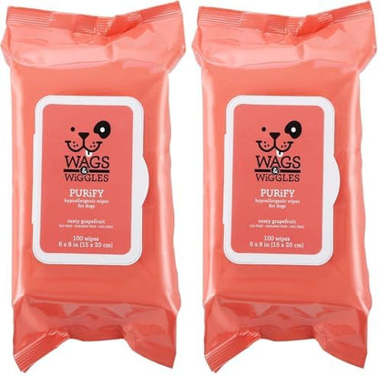 Wags & Wiggles Purify Hypoallergenic Dog Wipes for Sensitive Skin, Paw and Body Grooming Wipes with Gentle Plant Based Formula for Everyday Cleaning, Zesty Grapefruit Scent, 100 Count (Pack of 2) by Wags+%26+Wiggles