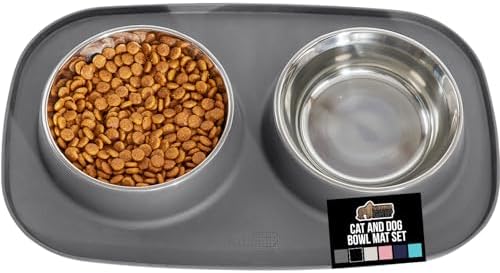 GORILLA GRIP Dog Bowl Set with Feeding Mat, 304 Stainless Steel, 1 Cup Gray by GorillaGrip