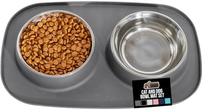 GORILLA GRIP Dog Bowl Set with Feeding Mat, 304 Stainless Steel, 3 Cup Gray by GorillaGrip