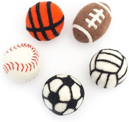 Glaciart One Sports Wool Balls for Cats – 5 Pcs with Catnip Pouch - Soft Fuzzy Enrichment 100% Natural Felt Cat Toy - Interactive Play Cat Toy Set - Safe for Pets, Non-AZO Colored Dyes – 1.6” by GlaciartOne