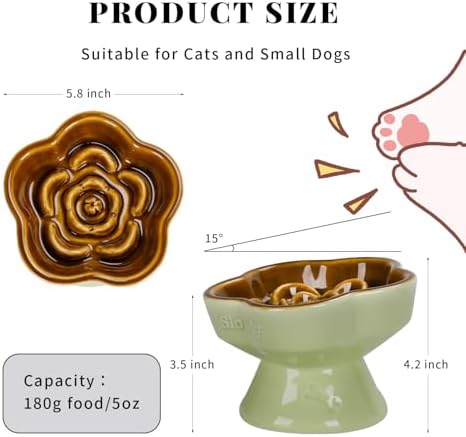 S&Q's CERAMICS Raised Slow Feeder Cat Bowl, Ceramic Elevated Cute Pet Food Bowl Small Dogs Slow Feeder, Flower Shaped Cute Cat Dish for Dry and Wet Food (Brown, 5.8") - Image 2