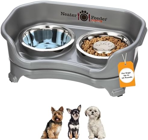 Neater Feeder Express Mess Proof Dog Bowls Elevated for Small Breed – Made in USA – No Spill Raised Slow Feeder Elevated Dog Bowl Stand, Stainless Steel Food and Water Bowl Set, Grey by NeaterPets