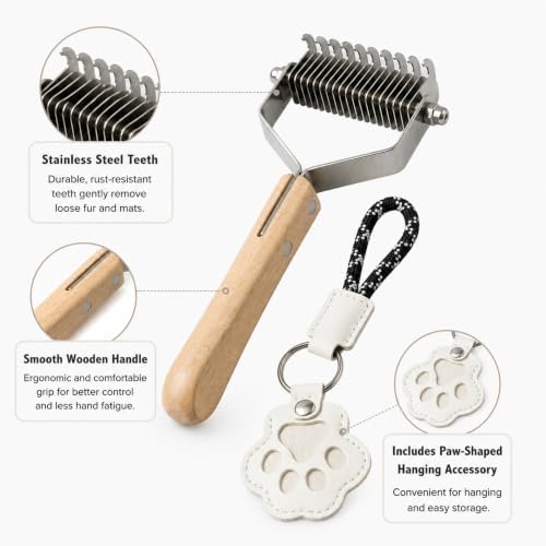2-in-1 Undercoat Rake & Dematting Tool for Dogs & Cats - Professional Deshedding Brush with Wood Handle - Stainless Steel Grooming Rake for Long Haired Pets - With Paw Print Hair Keepsake Keychain - Image 3