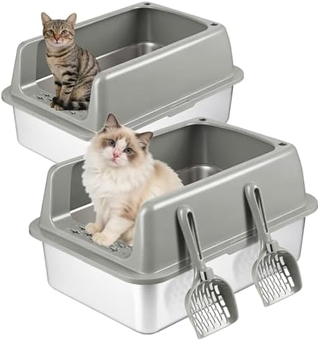 Kirecoo 2 Pack Large Semi-Enclosed Stainless Steel Cat Litter Box with Lid by Kirecoo