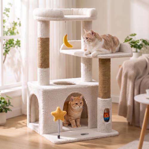 30" Kitten Cat Tower, Compact Beige Cat Tree with Condo & Perch by Purrlato