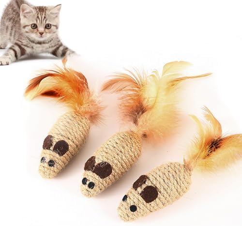 3 Pack Cat Mouse Toys with Feather Tail Rattling Noise Sound Natural Sisal Cat Toys Teeth Cleaning Dental Chew Toys Interactive Cat Mice Toy Mice Cat Toys for Indoor Cats Kittens Puppies by Unknown