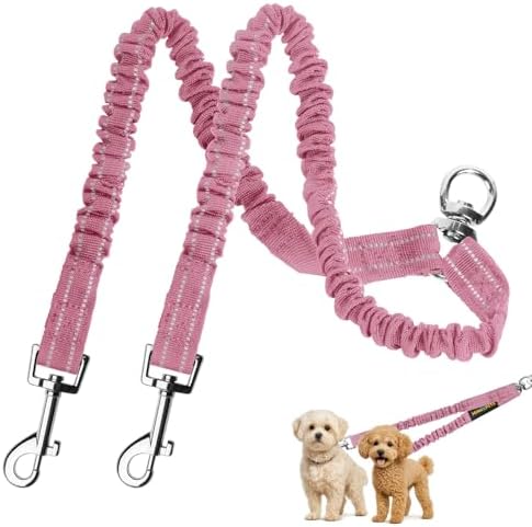 MingXpet 2 Dog Leash, Dog Leash for 2 Dogs, 360° Swivel No Tangle Double Walking Training Leashes for Large Dogs that Pull, Comfortable Shock Absorbing Reflective Bungee, Pink by MingXpets