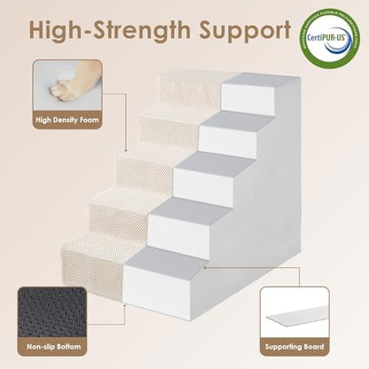 EHEYCIGA Dog Stairs for Bed 22.5" H, 5-Step Extra Wide Dog Steps, Beige - Image 4
