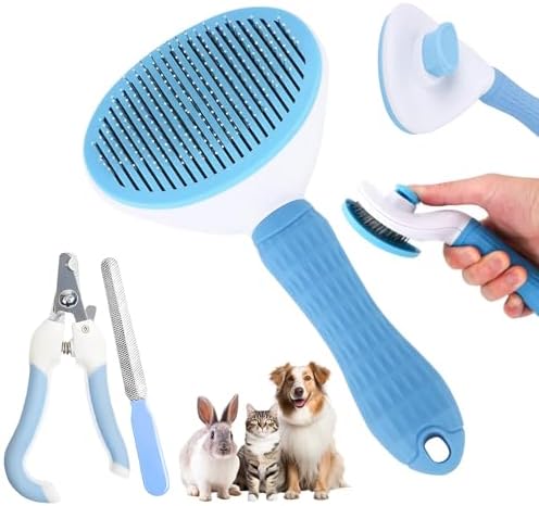 Aglads 3PCS Cat Rabbit Bunny Dog Grooming Kit, Self-Cleaning Slicker Cat & Dog Brush for Shedding, Fine-Needle Comb, Pet Nail Clipper & File for Long/Short-Haired Pets, Easy to Remove Loose (3, blue) by Unknown