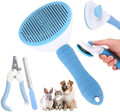 Aglads 3PCS Cat Rabbit Bunny Dog Grooming Kit, Self-Cleaning Slicker Cat & Dog Brush for Shedding, Fine-Needle Comb, Pet Nail Clipper & File for Long/Short-Haired Pets, Easy to Remove Loose (3, blue) by Unknown